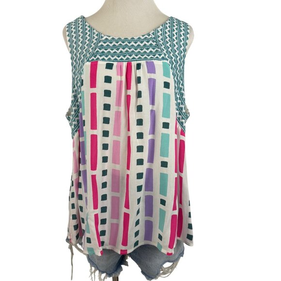 Savanna Jane Top Womens 2X Sleeveless Multicolor Geometric Print Top Embroidered - Picture 1 of 11